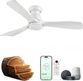 60 inch Smart White Flush Mount Ceiling Fans with Lights,Outdoor Low Profile Ceiling Fan Quiet DC Motor,Work with Alexa/Gg Voice Control/App/Remote,Dimmable,6-speed,3 Wood blades Fan for Patio,Porch