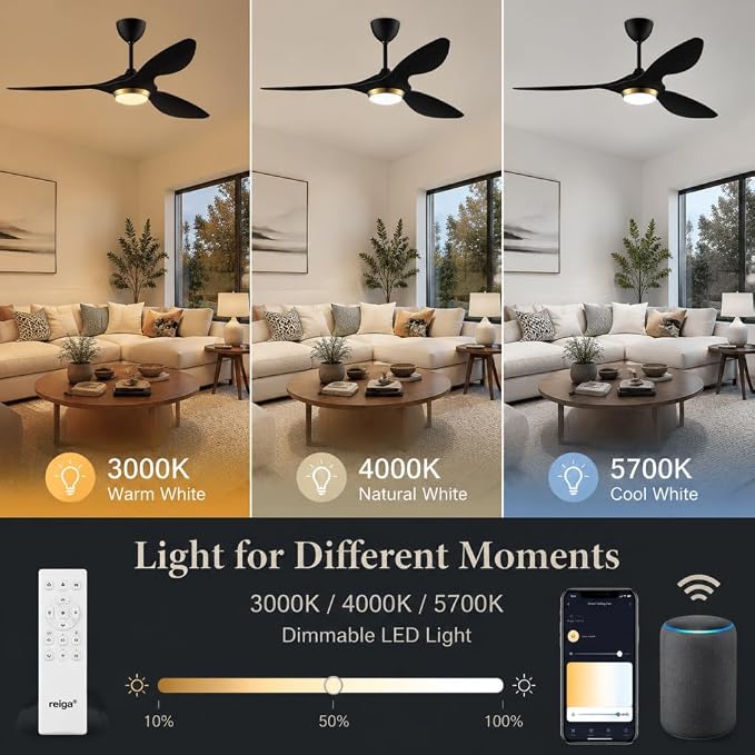 reiga 52 Inch Black Modern Ceiling Fans with Lights and Remote Control, Smart WiFi 3 Blades Quiet DC Motor for Living Room Bedroom Patio Garage, ETL Listed