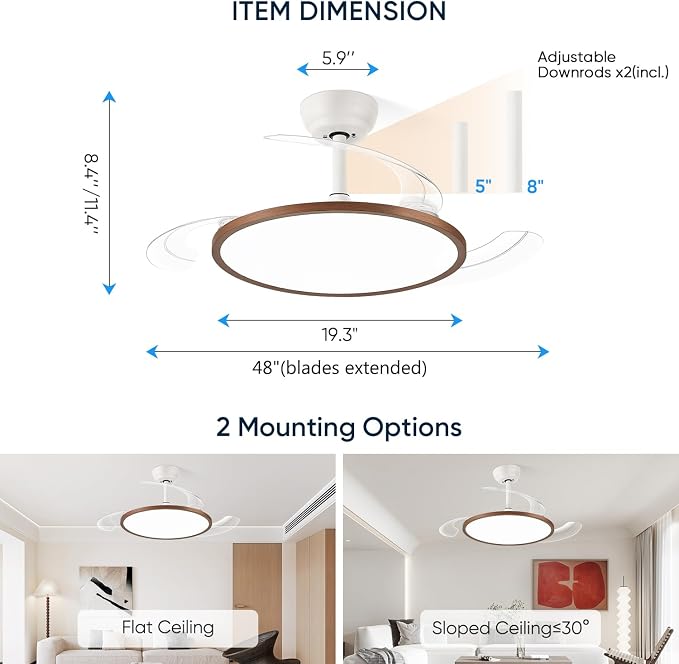 48 Inch Retractable Ceiling Fan with Lights, Fandelier Ceiling Fan for Bedroom Living Room Dinning Room, Chandelier with Fan 6 Speed, 3 Color Temperature, Reversible DC Motor-White