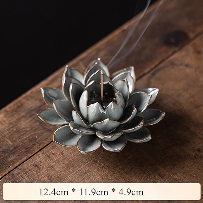Ceramic Lotus Flower Thread Incense Burner Holder Handmade Zen Aromatherapy Incense Stick Tray for Office Teahouse Yoga Studios (Large)