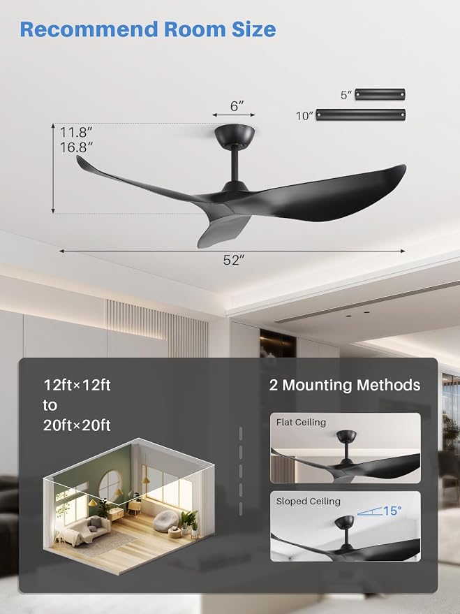 Sofucor 52 Inch Smart Ceiling Fan No Light, Modern Black Ceiling Fan with Remote Control, Reversible DC Motor, 6-Speed Noiseless Indoor Ceiling Fan for Bedroom Living Room Covered Patio Porch