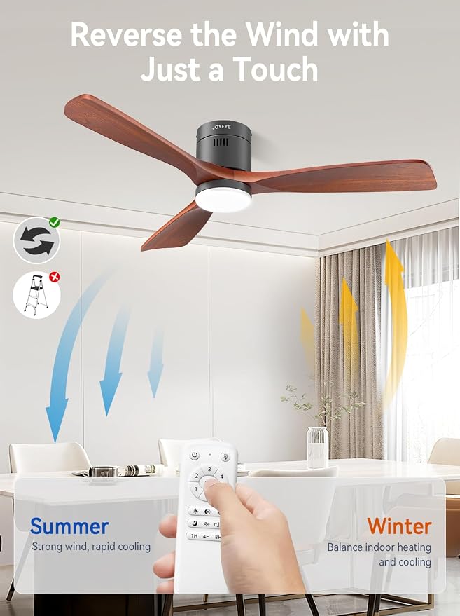 52 Inch Ceiling Fans with Lights and Remote, Solid Wood 3 Blade Modern Ceiling Fan, Quiet DC Motor, 6 Speeds, Dimmable LED, Timer, Indoor & Covered Outdoor Living Room, Bedroom, Patio (Darkwalnut)