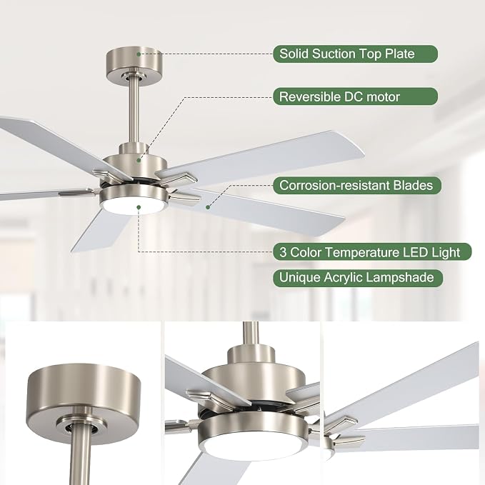 Ceiling Fans with LED Lights, 52 Inch 5-Blade Ceiling Fan Remote Control, Industrial Ceiling Fan with Reversible DC Motor, Downrod Mount LED Ceiling Light Chandelier for Bedroom (Satin Nickel)