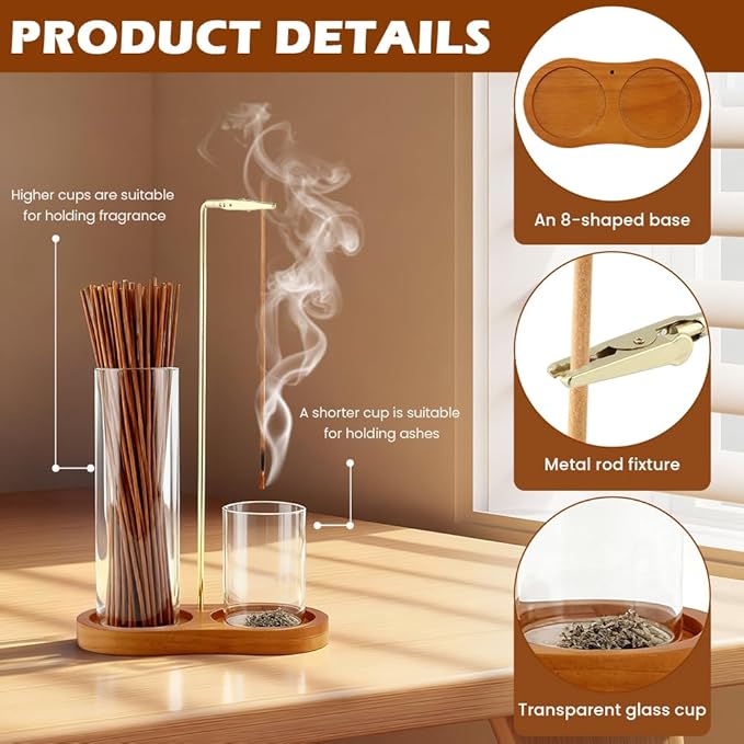 2 in 1 Glass Incense Holder for Sticks,Insence-Stick Holder,Incense Burner Holder with Storage & Ash Catcher Wooden Base for Meditation Yoga Spa Home Decor