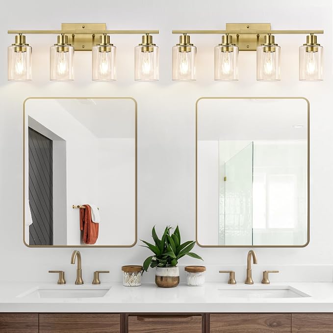 Indoi 4-Light Bathroom Light Fixtures, Brass Modern Vanity Lights with Clear Glass Shades, Bathroom Wall Lamp for Mirror Living Room Cabinet Bedroom Porch
