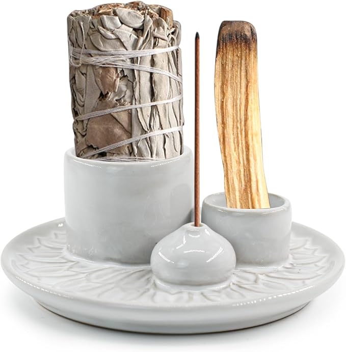 4 in 1 Ceramic Incense Holder, Incense Burner Ash Catcher Palo Santo Sage Holder for Home Decor Meditation Yoga (White)