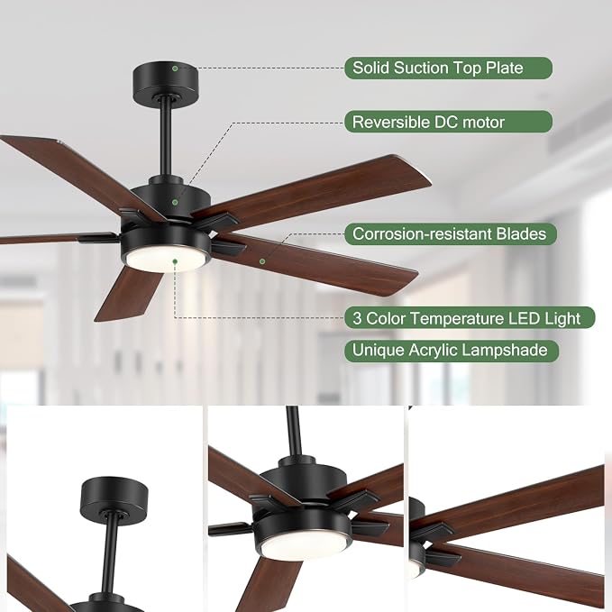 Ceiling Fans with LED Lights, 52 Inch 5-Blade Ceiling Fan Remote Control, Industrial Ceiling Fan with Reversible DC Motor, Downrod Mount LED Ceiling Light Chandelier for Bedroom (Black & Walnut)