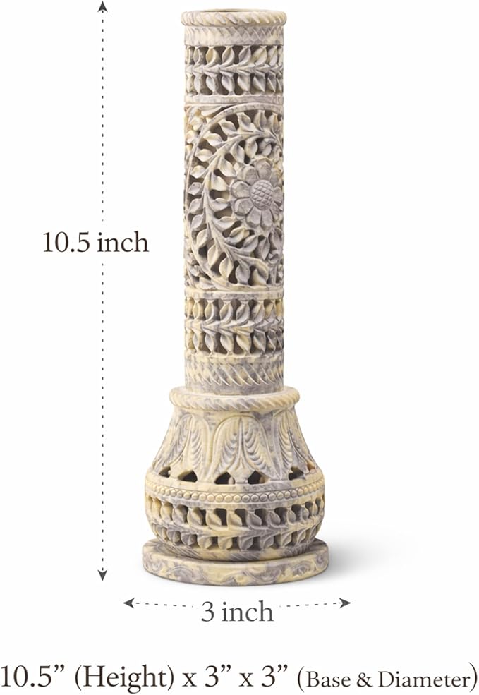 Carry Me Marble Soapstone Incense Stick Holder | Candle Burner | Tea Light Stand - Perfect Handmade Bottle Tower. Decorative Floral Carving for Gifting - Home and Office Decor - (3x3x10.5 Inches)