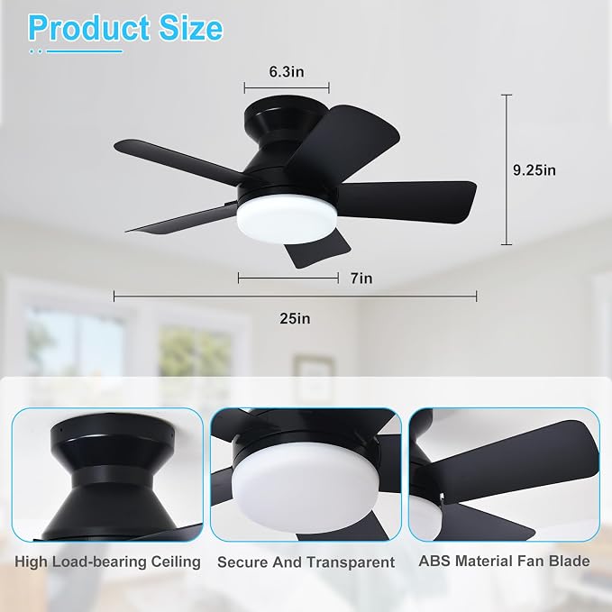 Depuley Modern Ceiling Fan with Light: 25-Inch Black Small Fans for Bedroom Indoor Outdoor - Dimmable Low Profile Ceiling Fans with Remote Control Flush Mount 5 Reversible Black Blades 6 Speeds Timer