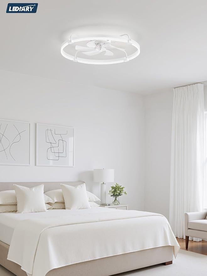 LEDIARY 30" Ceiling Fans with Lights and Remote, Low Profile,Large, White | 3000K-6000K Stepless Dimmable Fandelier, Reversible DC Motor, Remote and APP Control, Bedroom Kitchen Living Room Fan Light