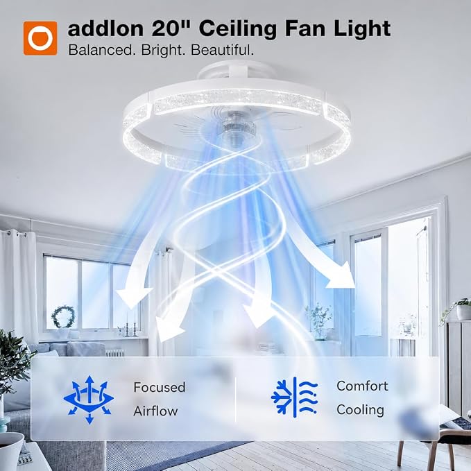 addlon 20'' Ceiling Fans with Lights and Remote, Low Profile Flush Mount Ceiling Fan with Light, 3000-6000K Dimmable LED Fandelier, Modern Small White Ceiling Fan for Bedroom, Kitchen, Living Room