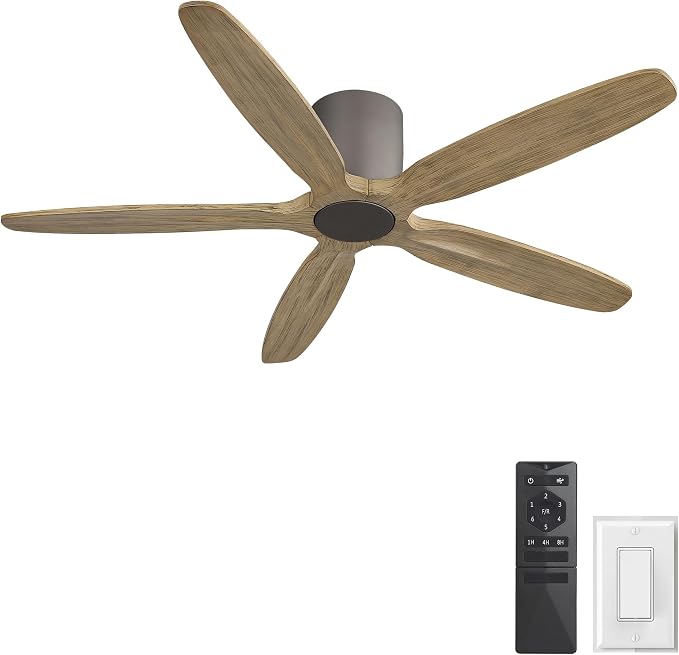 WINGBO 54" Flush Mount Ceiling Fan No Light - 5 Carved Solid Wood Blades, 6-Speed Reversible DC Motor, Dimmable, 3CCT, Low Profile Ceiling Fans without Lights for Bedroom Living Room, Charcoal Gray
