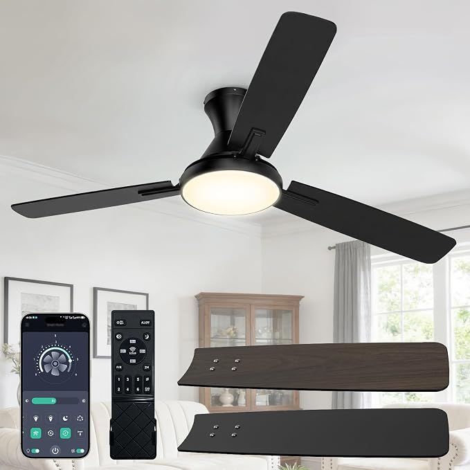Ceiling Fan with Lights, 42” Ceiling Fan with Light and Remote/APP Control, 2700-6500K CCT Adjustable, Stepless Dimmable, Quiet Reversible Motor, Flush Mount LED Fans Light for Bedroom Living Room