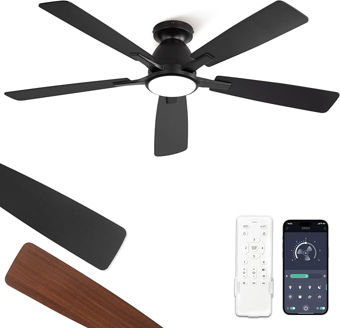 Fanbulous 52 Inch Flush Mount Ceiling Fan with Light, Remote & App, Black | 3CCT 20W LED, 6-Speed Quiet Reversible Motor, Modern Low Profile Flush Mount, Ideal for Bedroom/Living Room/Kitchen.