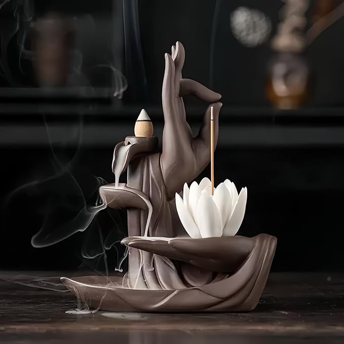 Lotus Hand Backflow Incense Burner– Ceramic Cones Incense Holder Waterfall Incense Burner & Incense Waterfall Fountain for Zen Decor Backflow Incense Cone Burner