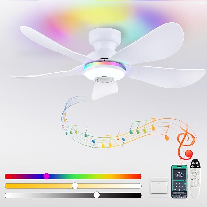 Kviflon 46" Ceiling Fans with RGB Lights Remote/APP Control, Flush Mount, 3 CCT Dimmable White Lights+RGB Ring Lights+Music Player, 5 Reversible Plastic Blades 6 Speeds for Party Bar, White