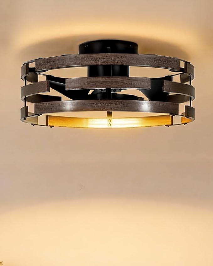 Roomratv Rustic Fandelier Flush Mount Ceiling Fan with Lights,20'' Low Profile Caged Ceiling Fan with Remote,Farmhouse Bladeless Enclosed Small Fan Light Fixtures for Kitchen Bedroom
