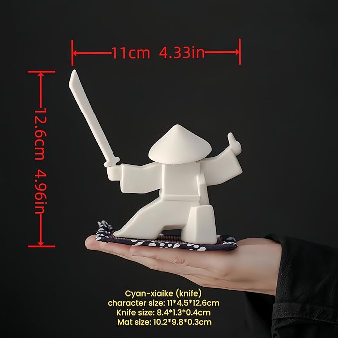 Ceramic Samurai Incense Holder & Tea Pet - Hand-Painted Japanese Warrior Statue, Terracotta Zen Decor for Home/Office (3.5", White/Green) (Green A)