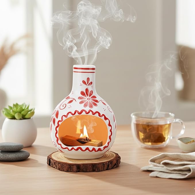 Ceramic Incense Holder–Handcrafted Palo Santo Holder with Chimney, Incense Burner with Ash Catcher for Sage, Cone Burning and Tealight, Perfect for Meditation, Yoga and Aromatherapy for Women