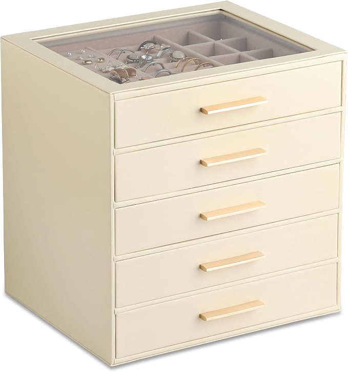 Frebeauty Jewelry Box for Women,Clear Lid Jewelry Organizer with 5 Drawers | Faux Leather,Velvet Lining,5-Layer Large Capacity,Jewelry Storage for Rings Earrings,Dustproof Design,Golden Stylish Handle