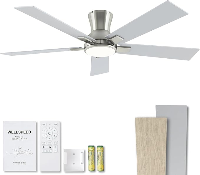 52 Inch Ceiling Fans with Lights and Remote, Brushed Nickel Flush Mount Low Profile Ceiling Fan for Bedroom, Patio, Reversible DC Motor, 6-Speed Quiet LED Dimmable, ETL Listed