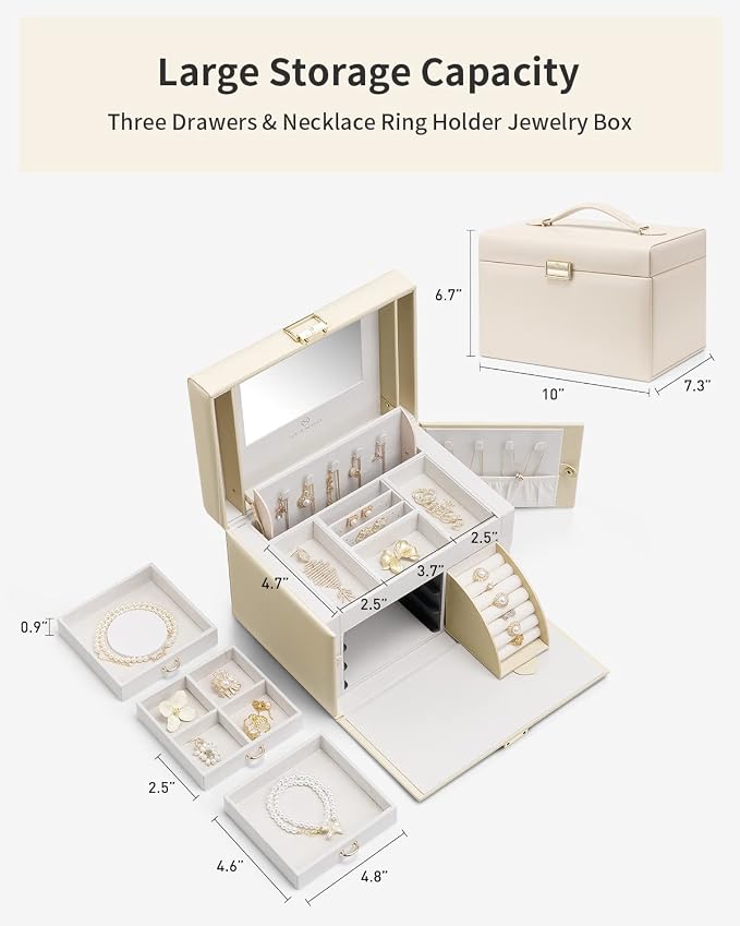 Vlando Jewelry Box Organizer for Girls Women, Large Baroque Jewelry Storage Box with Mirror, Drawers for Bracelets, Earrings, Rings, Necklaces, Mothers Day Gifts for Loved One, Apricot White
