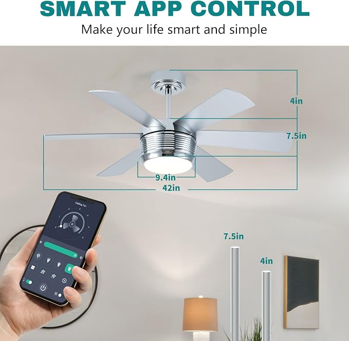 SHOWDI Nickel Ceiling Fans with Lights and Remote, Quick Installation, 42 in