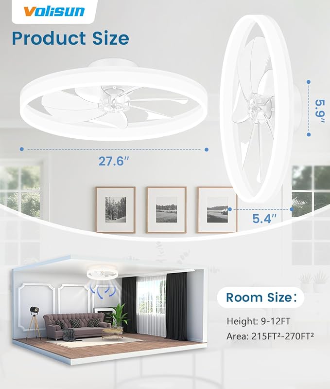 VOLISUN Low Profile Ceiling Fans with Lights and Remote, 27.6in Fandelier Ceiling Fan Flush Mount, 3000K-6500K Smart Bladeless LED Fan Light, White Modern Ceiling Fans with Lights for Bedroom