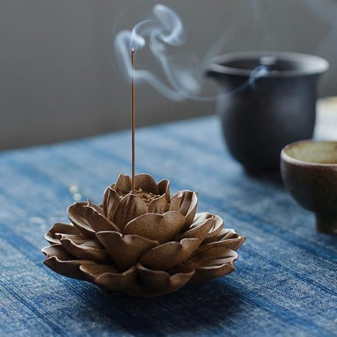 Collectible Handmade Chinese Ceramics, Large Ceramic Incense Stick Holder, Handicraft Lotus Fountain Backflow Incense Burner Bowl Ash Catcher Inscent Tray for Home Decor and Gift, 4.62 Inch, Gray