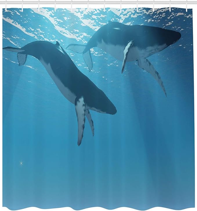 Ambesonne Ocean Shower Curtain, 2 Humpback Whales Swimming Near The Ocean Surface in The Rays from The Sun Image, Cloth Fabric Bathroom Decor Set with Hooks, 69" W x 70" L, Pale Blue