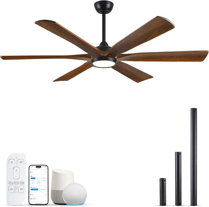 60 Inch Outdoor Ceiling Fan with Light, Damp Rated for Patio, Smart Alexa/App/Remote Control, 6 Walnut Solid Wood Blades, High 8268 CFM Quiet DC Motor, Modern Farmhouse Style for Indoor Exterior Porch