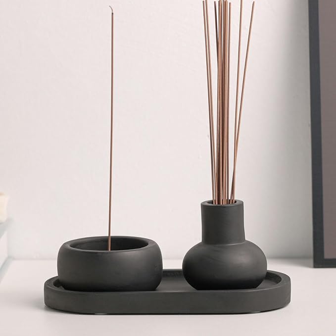 Concrete Incense Burner Set with Holder and Tray,Multifunction Incense Holder for Burning Sage,Palo Santo,Incense Sticks,Ideal for Meditation Home Decor(Black)