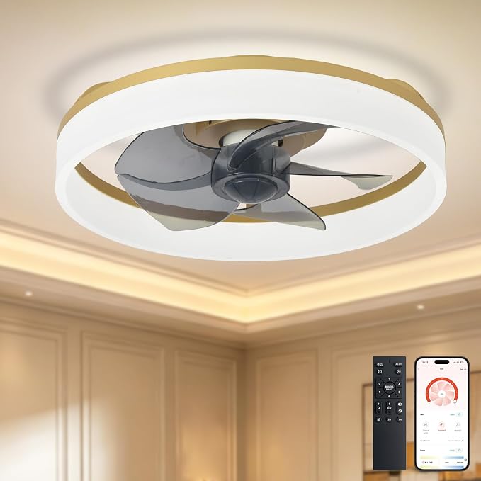 DLLT Ceiling Fans with Lights and Remote: 16 Inch Modern Low Profile Ceiling Fan with APP Control for Kids Room - Gold Dimmable LED Bladeless Fandelier with 6 Wind Speeds Quiet DC Motor for Bedroom