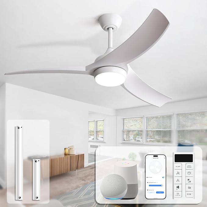 Sofucor 52 Inch Smart Ceiling Fan with Light, White Modern Ceiling Fan | Alexa/Google Assistant/APP/Remote Control，ABS 3 Blades, Reversible DC Motor, Timer, 6 Speeds, for Living Room Bedroom Patio