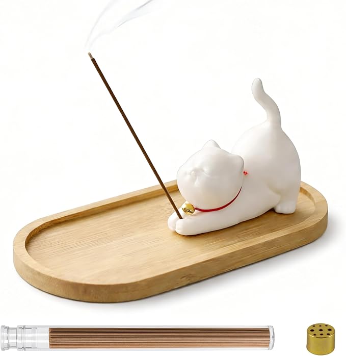 Cute Ceramic Cat Incense Holder Set with Bamboo Ash Tray and Sticks, Handmade Cat Incense Burner Incense Holder for Sticks for Yoga Spa Meditation Massage Home Office Desk Decor Zen Space Gifts