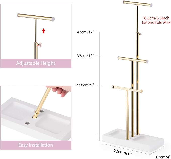 Love-KANKEI 3-Tier Jewelry Organizer Stand,Adjustable Height,White/Gold | Metal Rod,Solid Wood Base,Easy to Install,Tree Style,Display Long Necklaces,Bracelets,Earrings,Rings,Watches,Bangles,Gift