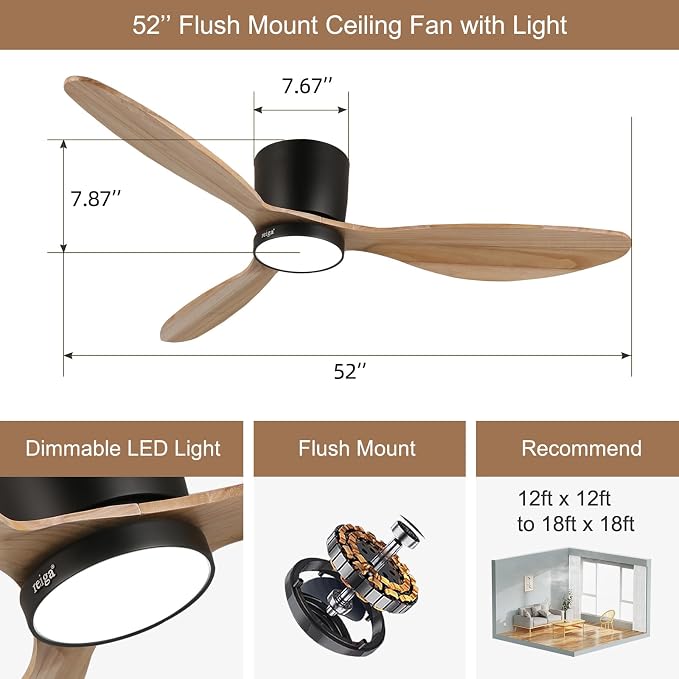 reiga 52" Natural Wood Flush Mount Ceiling Fan with Light, Quiet DC Motor | 3 solid wood blades, reversible silent motor; dimmable 3CCT LED light, remote timer for bedroom & mid-century indoor spaces