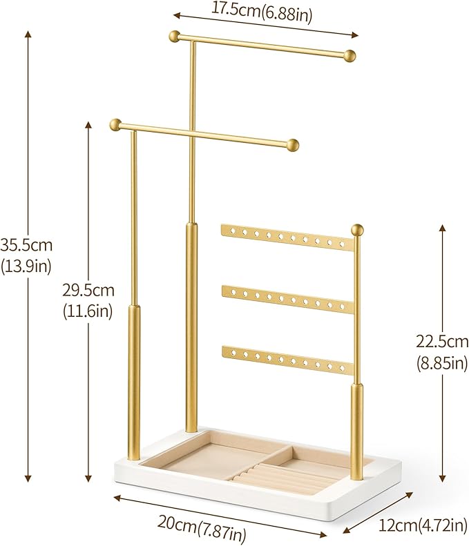 pickpiff Jewelry Organizer Holder Stand: 3 Tier Jewelry Storage Display for Necklace, Bracelet, Earring, Ring, White & Gold