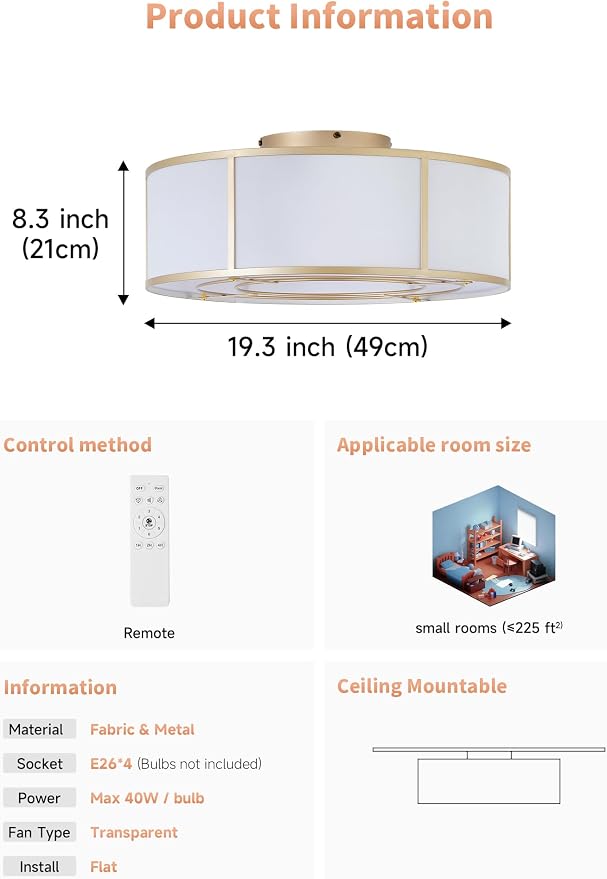 Low Profile Ceiling Fans with Lights, 20" Flush Mount Ceiling Fan with Light, Gold and White Boho Bladeless with 6 Speeds Remote Control for Bedroom, Nursery, Living Room