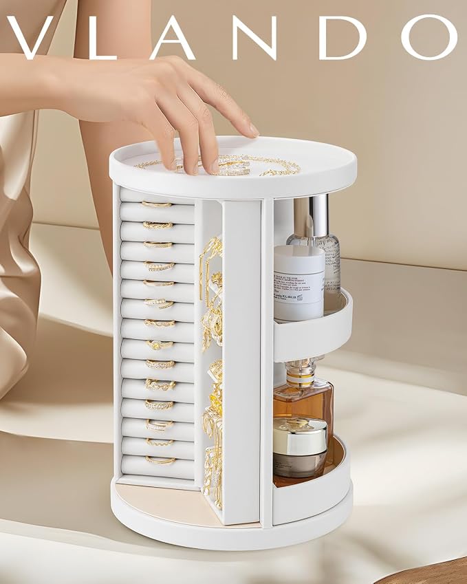 VLANDO 360°Rotating Jewelry Box,Earring Organizer Large Vertical Jewelry Organizer with 6 Necklace Hooks, Open Ring Display Storage for Women -White