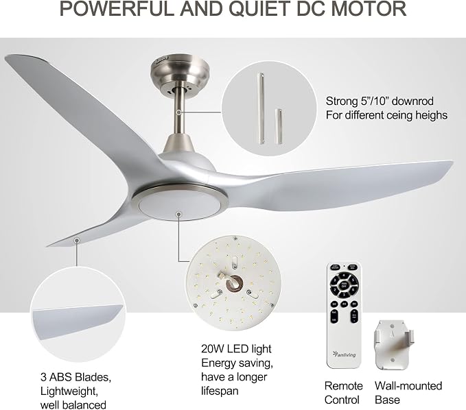 52 Inch DC Motor 3 Blade Modern Silver Ceiling Fan with Light and Remote | Quiet, 6 Speed High CFM, Indoor Ceiling Fan for Bedroom Living Room Porch