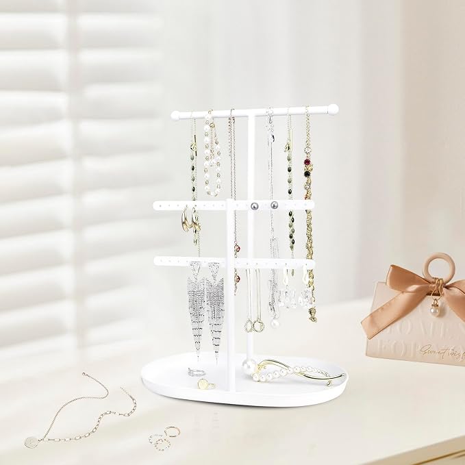 Saydear 3-Tier Jewelry Organizer Stand, Earring Holder Necklace Tree | White Metal Earring Rails With Top Necklace Bar, Oval Tray Base, Ideal Vanity Dresser Decor, Gift For Her