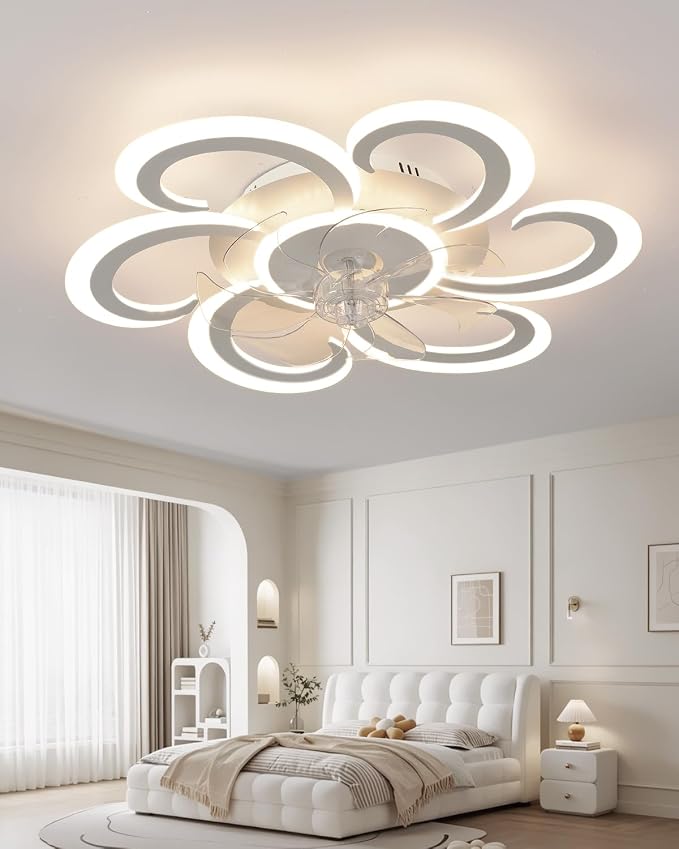 24" White Flower Ceiling Fan with Light Remote Control, 3 Light Color 6 Speeds Flush Mount Low Profile Ceiling Fan for Bedroom Kitchen