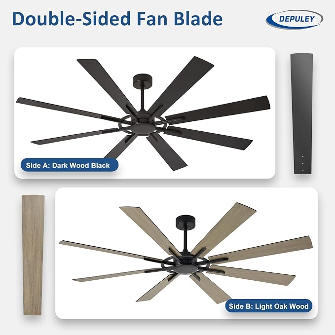 Ceiling Fan Without Light: 72 Inch Big Indoor Outdoor Fan with Remote APP Control - Black Wood Grain Large Ceiling Fan no Light 8 Blade Reversible Quiet DC Motor Memory Function Timer