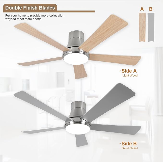 52 Inch Outdoor Ceiling Fans with Lights and Remote, Brushed Nickel Flush Mount Ceiling Fan, 5 Reversible Blades, Dimmable LED, 3-Color Temperatures, 6 Speeds, for Bedroom, Living Room, Patio