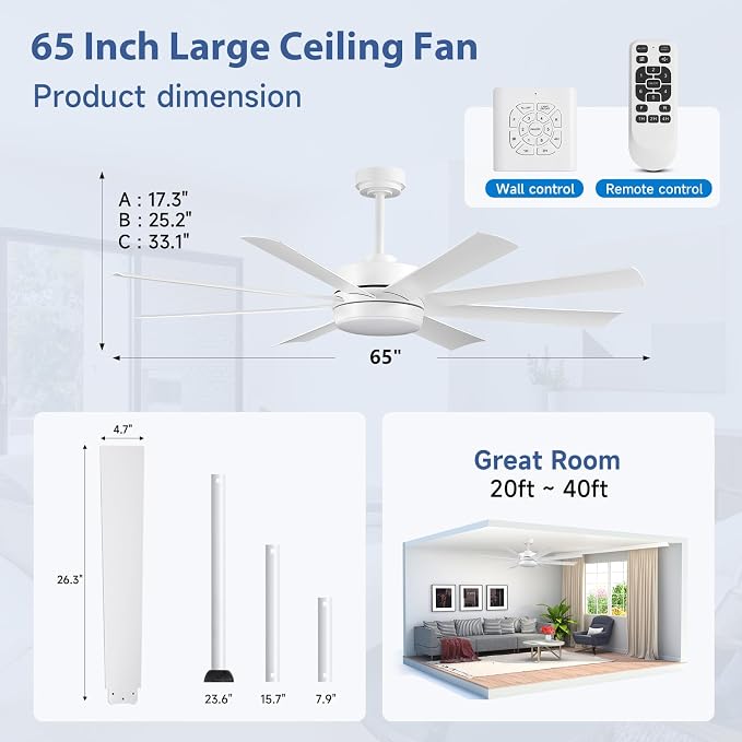 65 Inch Ceiling Fans with Lights, Ceiling Fans with Lights and Remote, Dimmable, Indoor/Outdoor White Modern Ceiling Fan for Kitchen Living Room Patio, Shop Industrial, Dual Finish 8 Blades