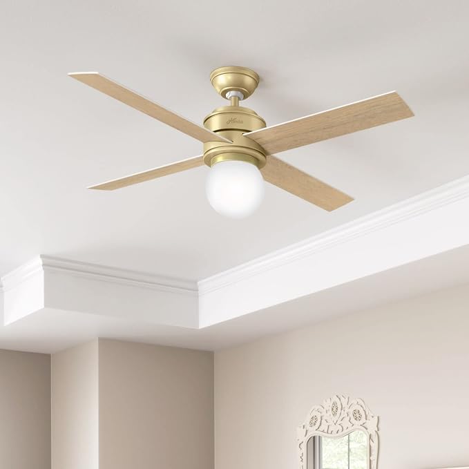 Hunter Hepburn, Indoor, Ceiling Fan, with LED Light, 52 inch, Modern Brass | Standard Mount, Wall Control, 4 Blades, For Bedroom, Living Room, Kitchen, 59320, Includes Bulbs, 59320