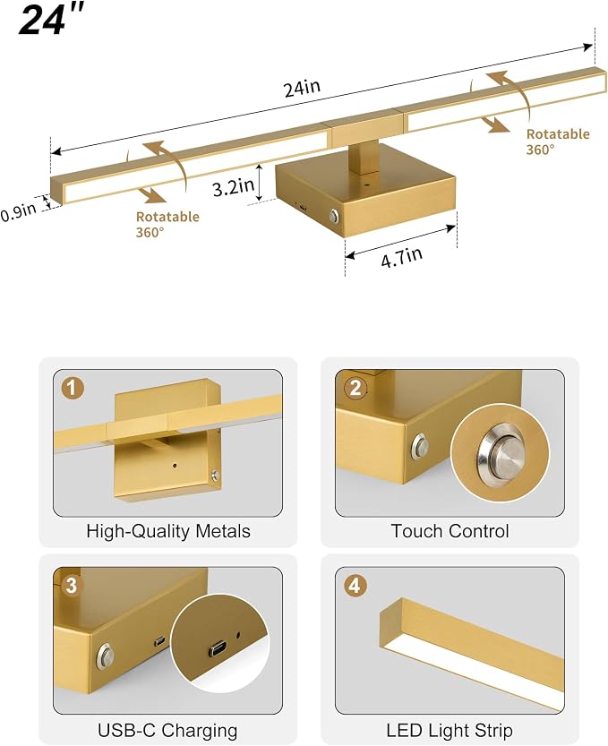 Rayogale Gold Battery Operated Wall Sconces with Remote Control | 3000/4500/6000K Dimmable 8000mAh Wireless Rechargeable Wall Sconces Set of Two with Timer for Living Room, Bedroom, 24 Inch