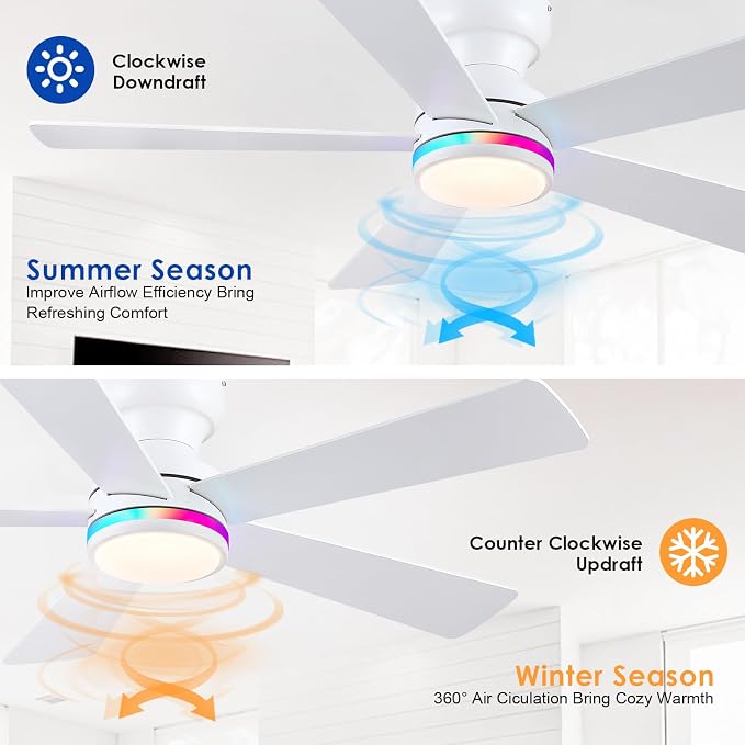 White RGB Ceiling Fans with Lights - 46" Flush Mount Ceiling Fan with Remote APP, RGB+3CCT Dimmable Led Light, Reversible 6 Wind Speeds&2H Timer, Low Profile Modern Fan Light Fixture for Bedroom Party