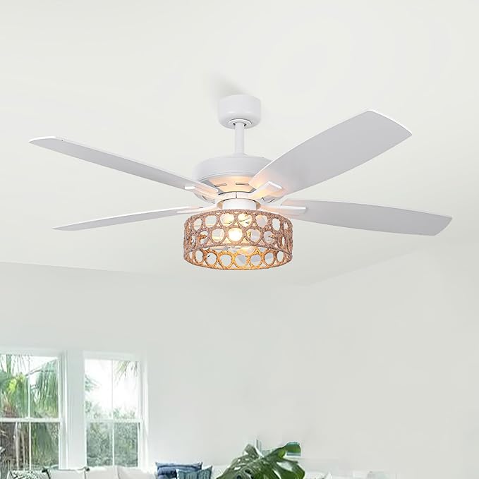 52 Inch Farmhouse Ceiling Fan with Light and Remote, Vintage Caged Ceiling Fan for Living Room, 6-Speed Adjustable & Reversible Quiet DC Motor, Dual Finish 5 Blades, White